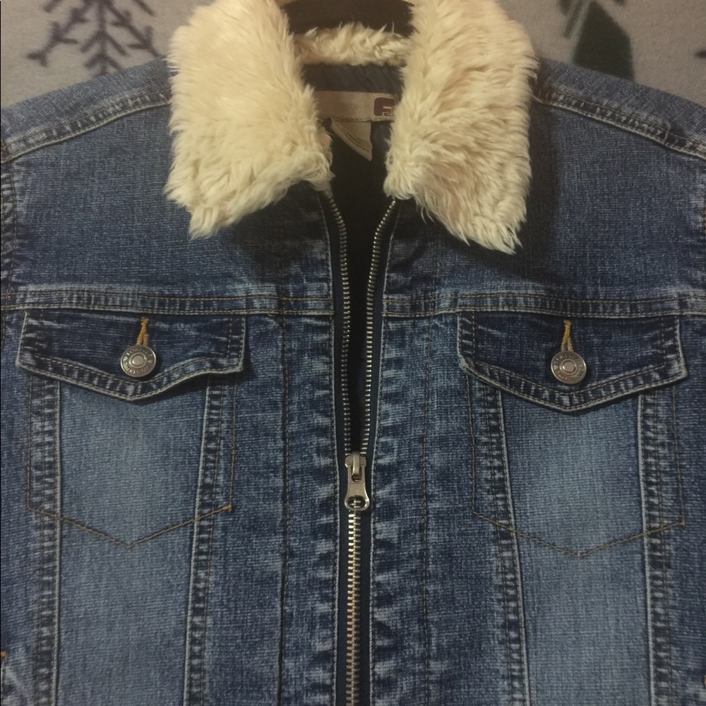 Forever 21 Blue Denim Jacket with Cream Faux Fur Collar